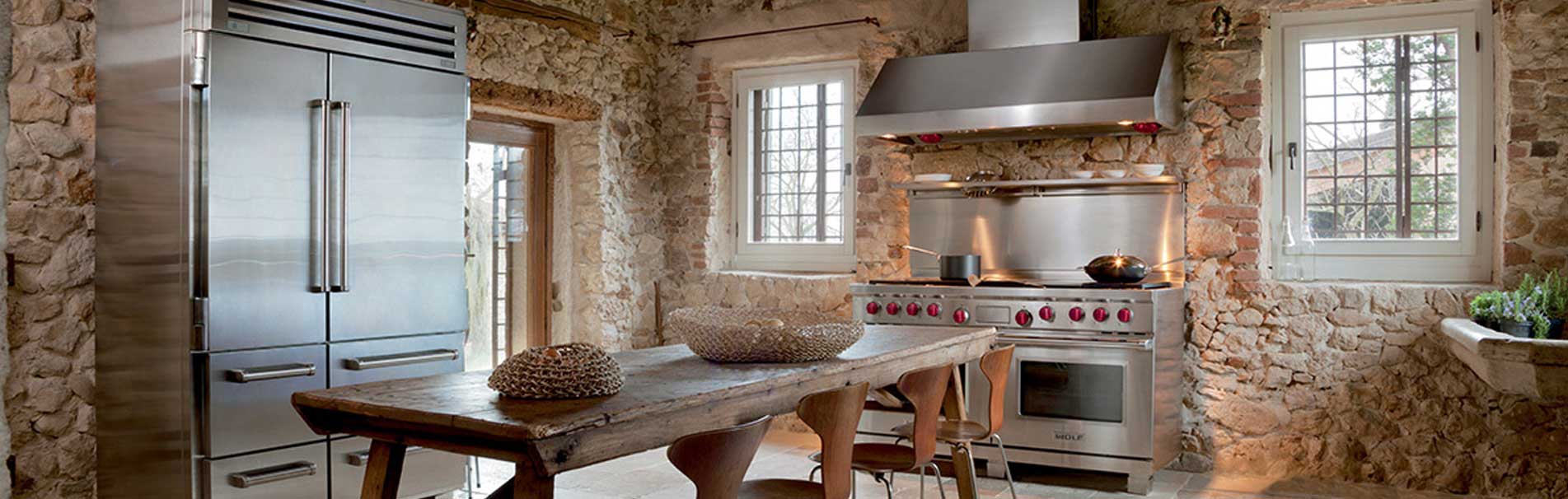 Kitchen with stone walls